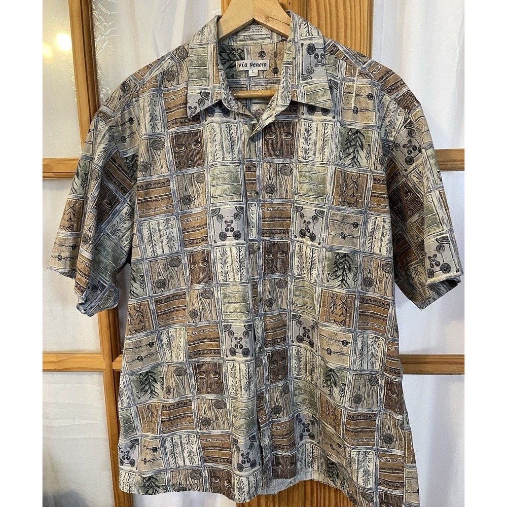 70s Button Shirt Check Mens Sz L Beige Abstract Short Sleeve Casual Party Korea